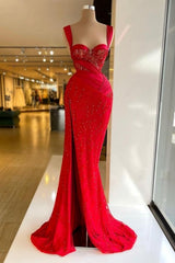 Vintage Column Satin Sweetheart Sleeveless Red Prom Dress Formal Dress With Split