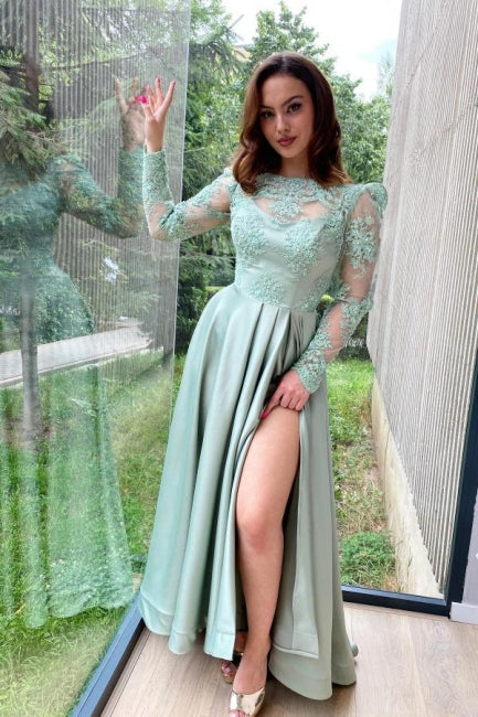 Vintage Light Green Prom Dress High Neck A Line Sleeves Floor Length Slit Satin Formal Dress