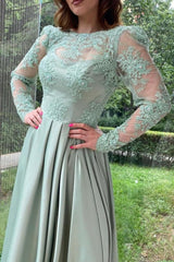 Vintage Light Green Prom Dress High Neck A Line Sleeves Floor Length Slit Satin Formal Dress
