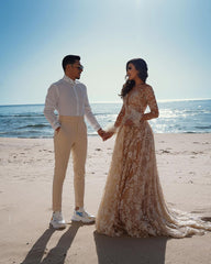 Vintage Long Sleeves Lace Wedding Dress Mermaid Tulle Bridal Gown