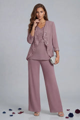 Dreamyannie Vintage V Neck 3 Piece Mother Of The Bride Pant Suits With Jacket