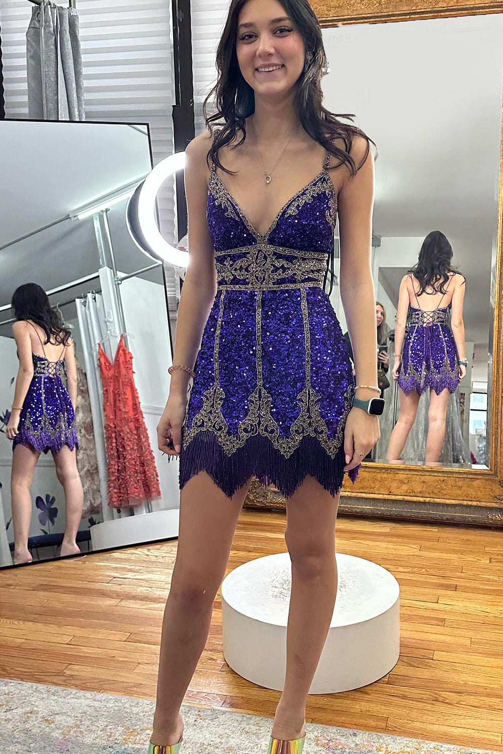 Royal Blue Sequined Homecoming Dress With Fringes