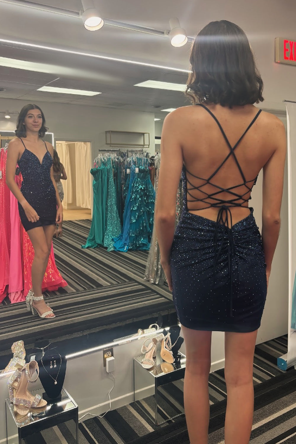 Sparkly Royal Blue Spaghetti Straps Beaded Backless Tight Homecoming Dress