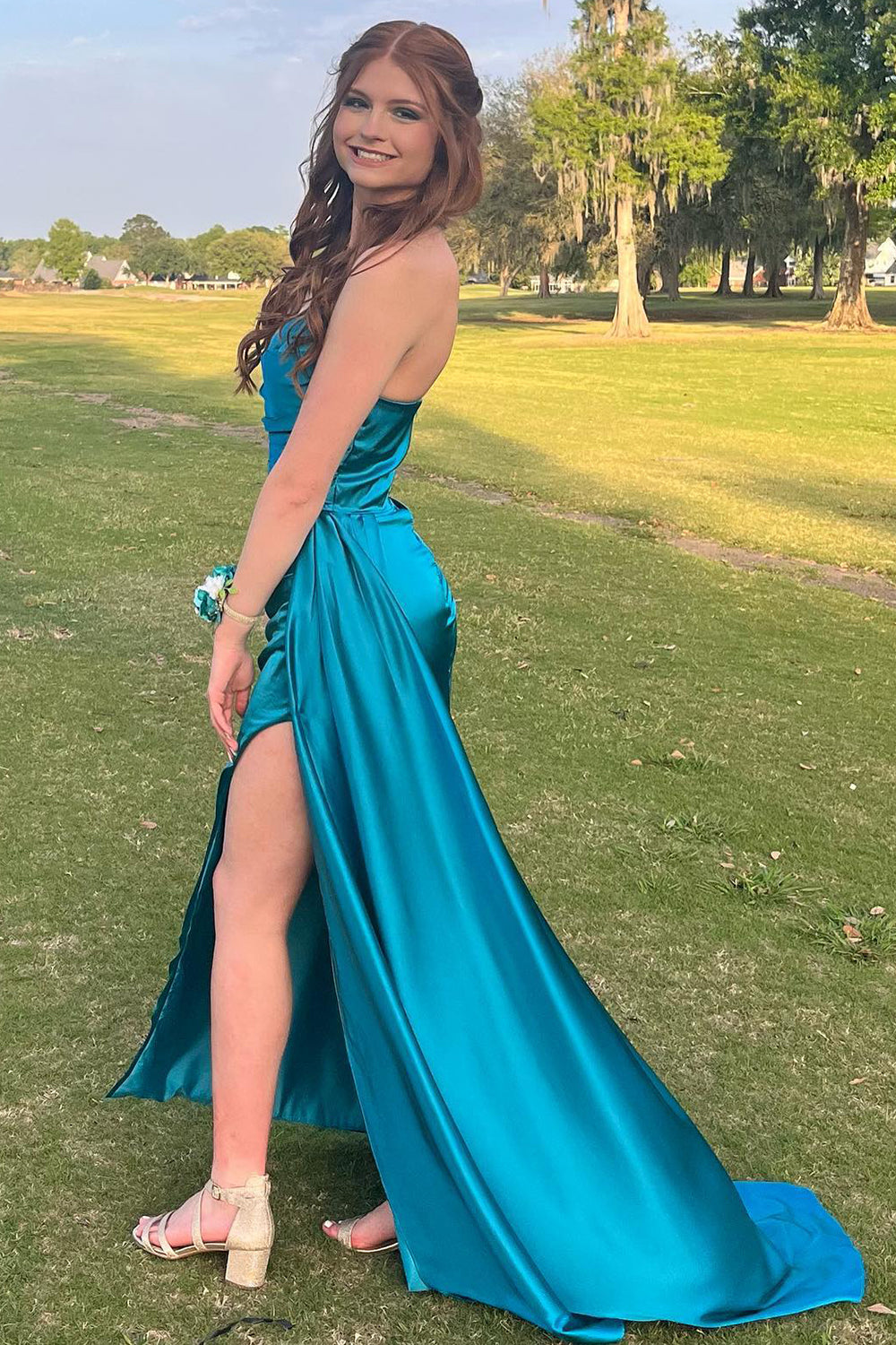 Peacock Green Sheath Sweetheart Long Prom Dress with Split Front