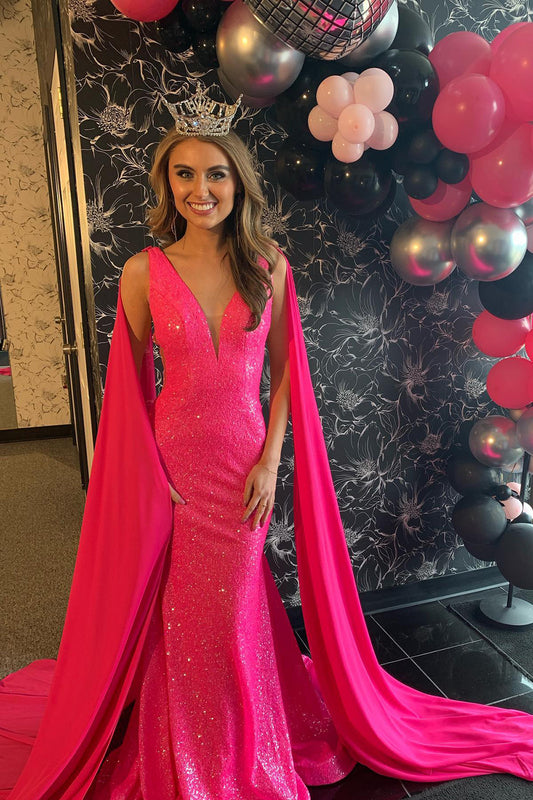 Sparkly Hot Pink Mermaid Prom Dress with Long Ribbon