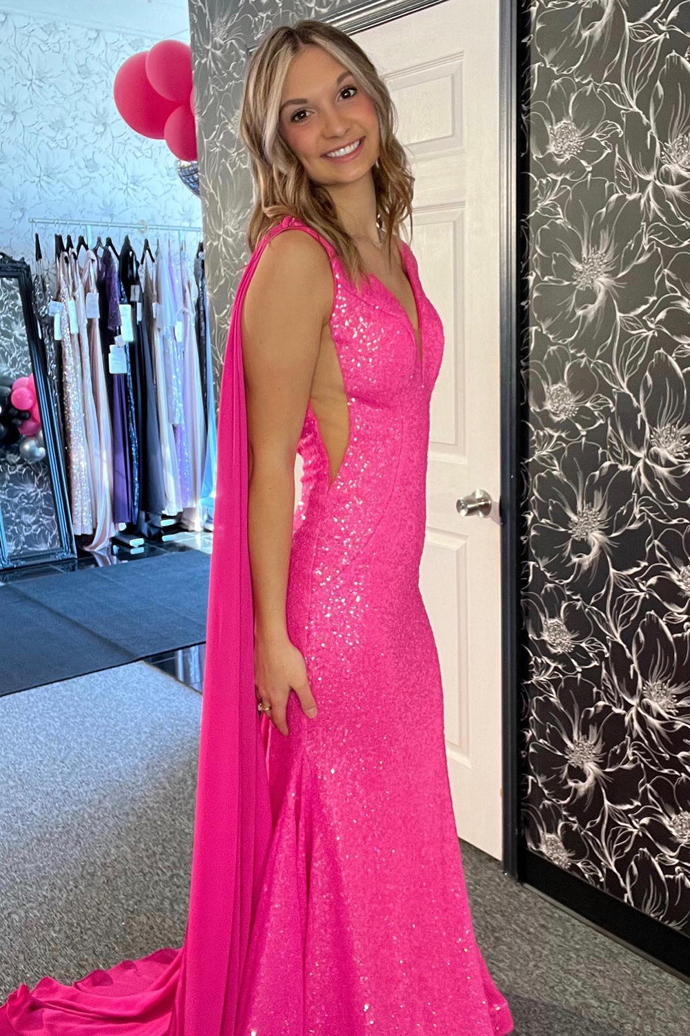 Sparkly Hot Pink Mermaid Prom Dress with Long Ribbon