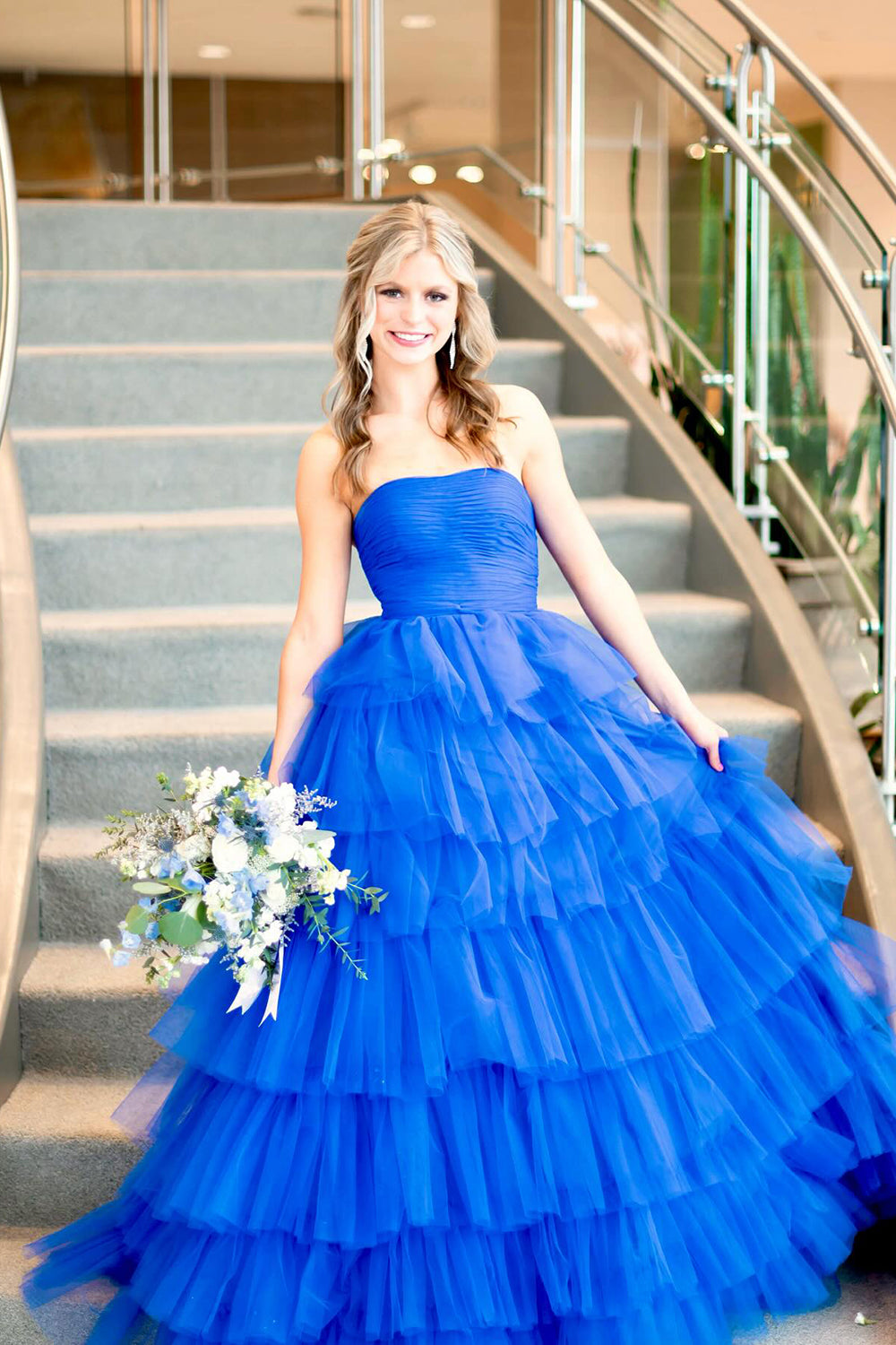 Hot Pink A-Line Tiered Tulle Long Prom Dress