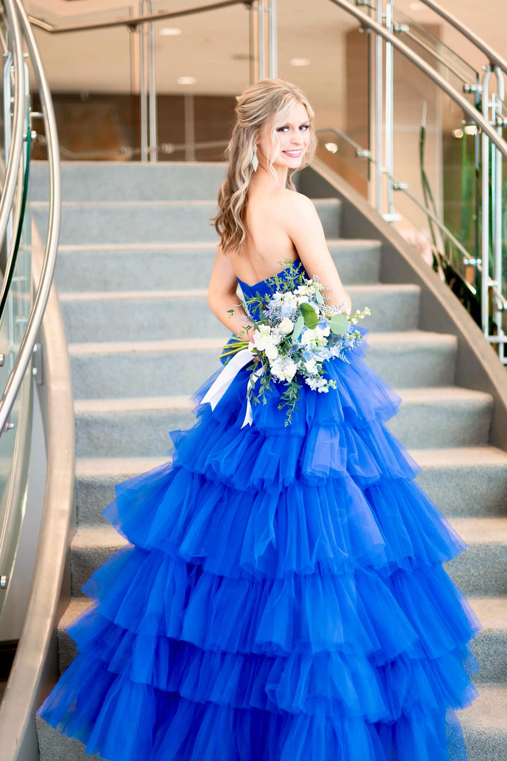 Hot Pink A-Line Tiered Tulle Long Prom Dress