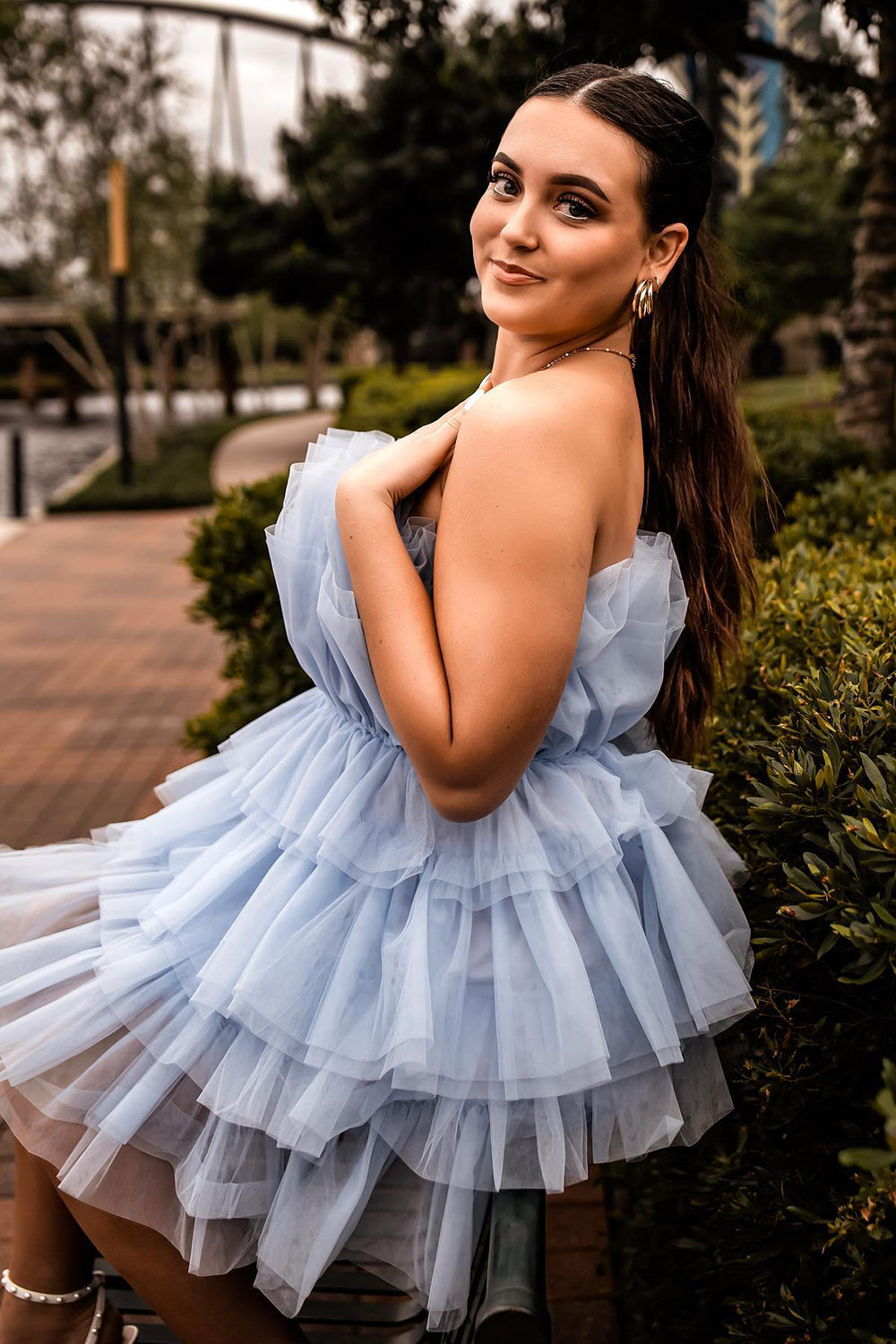 A-Line Light Blue Strapless Tiered Tulle Short Homecoming Dress