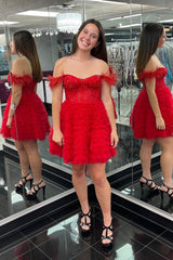 Sparkly Red Corset Off The Shoulder A Line Short Homecoming Dress with Feathers