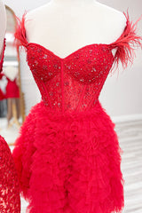 Sparkly Red Corset Off The Shoulder A Line Short Homecoming Dress with Feathers