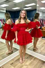 Red Corset Strapless A-Line Short Tulle Homecoming Dress with Detachable Sleeves