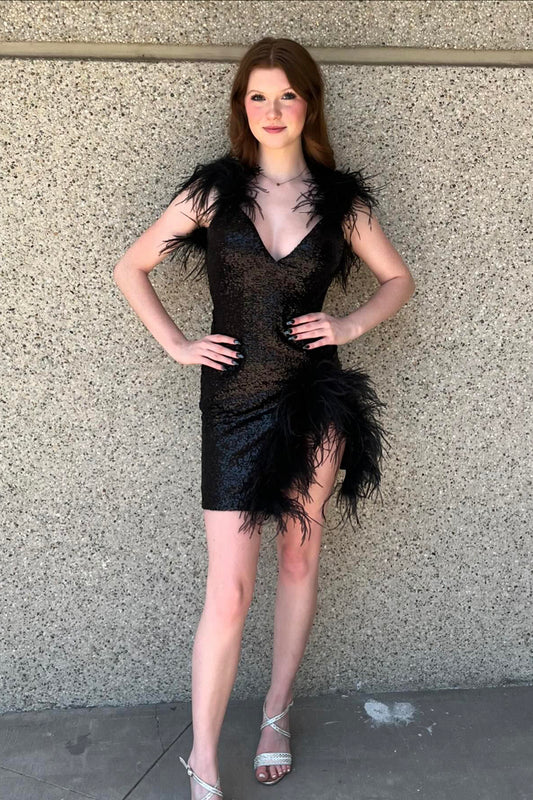 Sparkly Black V-Neck Tight Short Homecoming Dress with Feathers