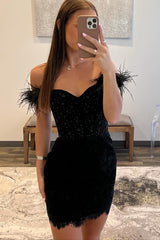 Sparkly Black Off The Shoulder Corset Tight Short Homecoming Dress with Feathers 