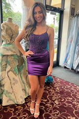 Glitter Royal Blue Corset Spaghetti Straps Tight Short Homecoming Dress with Lace