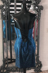 Sparkly Navy Spaghetti Straps Corset Tight Short Homecoming Dress with Beadings