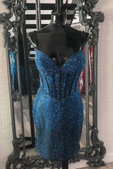 Sparkly Navy Spaghetti Straps Corset Tight Short Homecoming Dress with Beadings