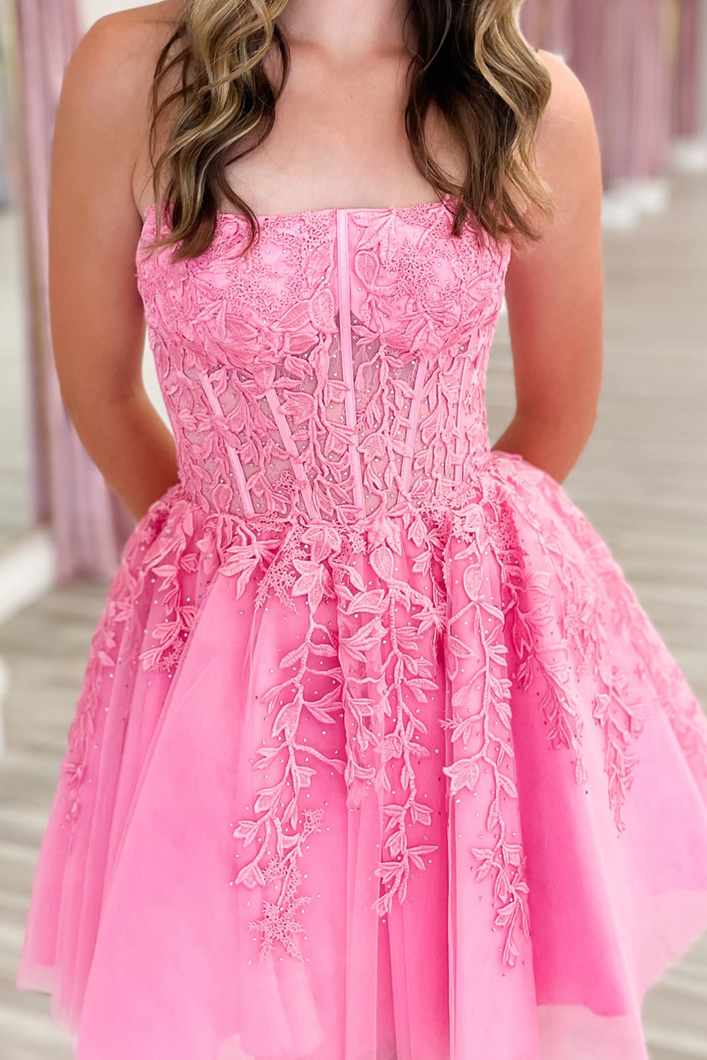 Sparkly Fuchsia Corset Lace A-Line Tulle Homecoming Dress