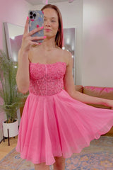 Sparkly Fuchsia Corset Lace A-Line Tulle Homecoming Dress