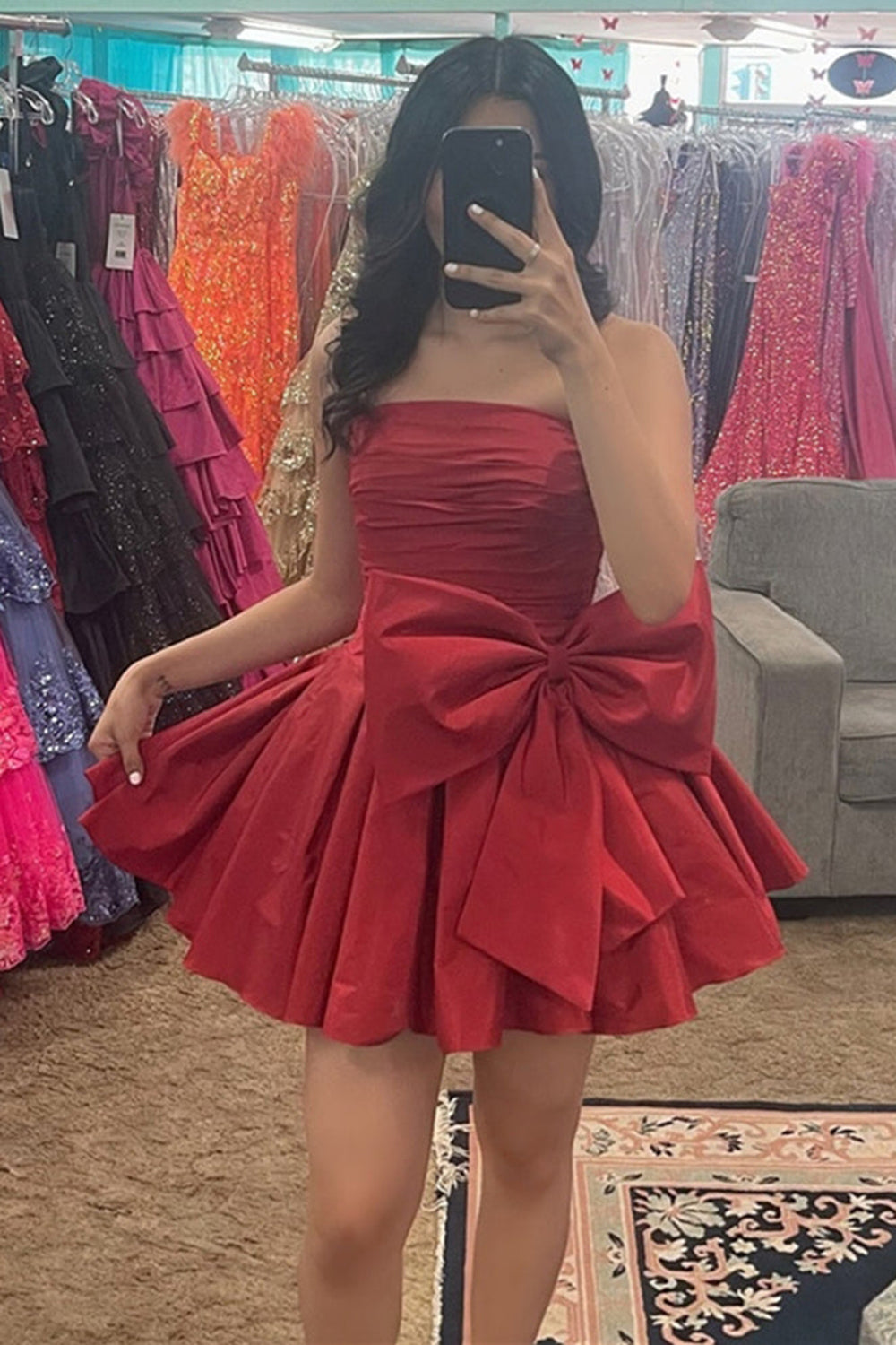 Red Strapless A-Line Satin Short Homecoming Dress with Bowknot