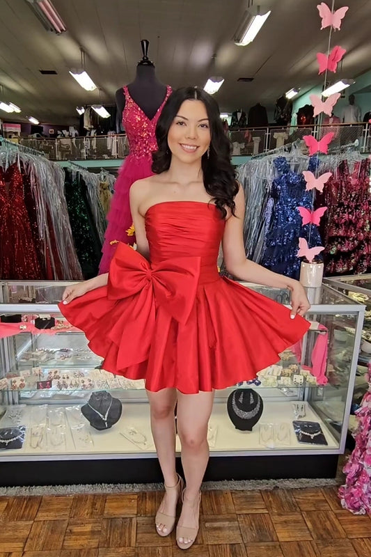 Red Strapless A Line Short Homecoming Dress with Bowknot