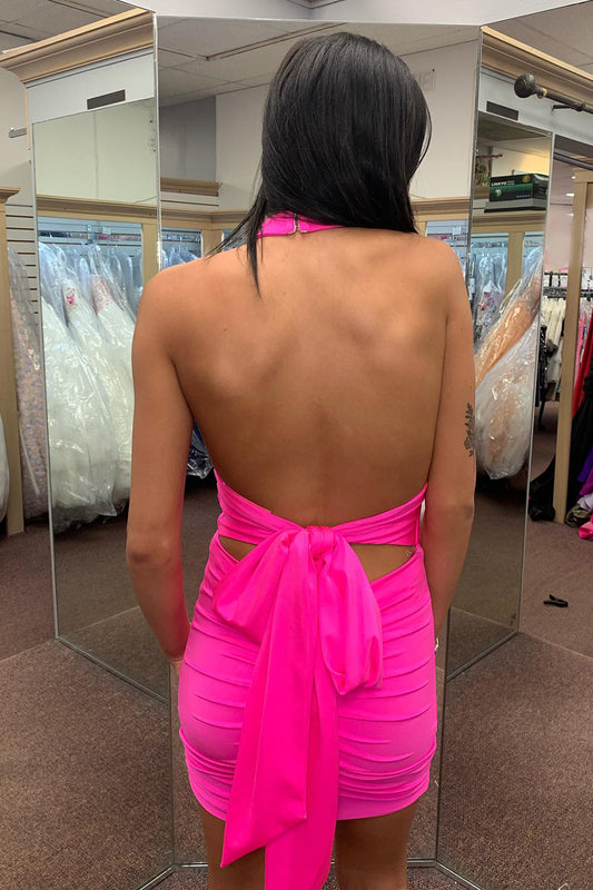 Simple Fuchsia Convertible Wear Satin Tight Short Homecoming Dress