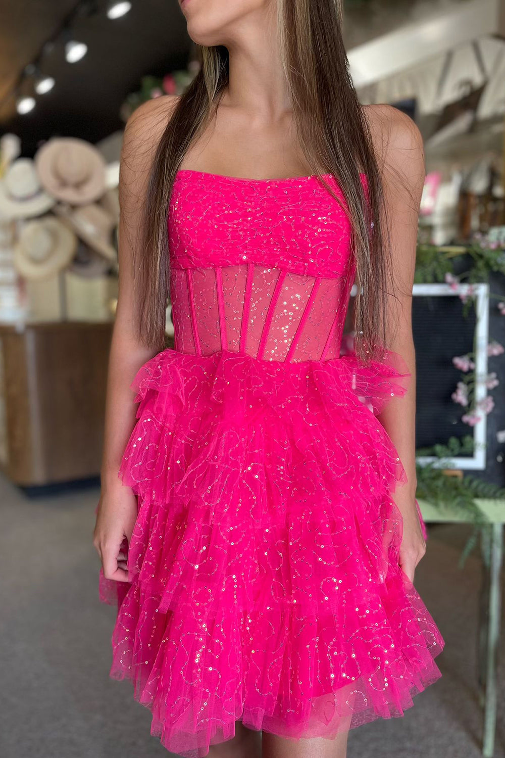 Sparkly A-Line Pink Corset Tiered Tulle Short Homecoming Dress