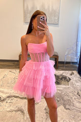 Sparkly A-Line Pink Corset Tiered Tulle Short Homecoming Dress