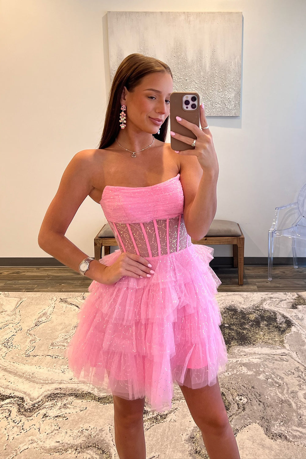 Sparkly A-Line Pink Corset Tiered Tulle Short Homecoming Dress