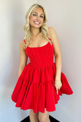 Red A Line Spaghetti Straps Short Satin Homecoming Dress