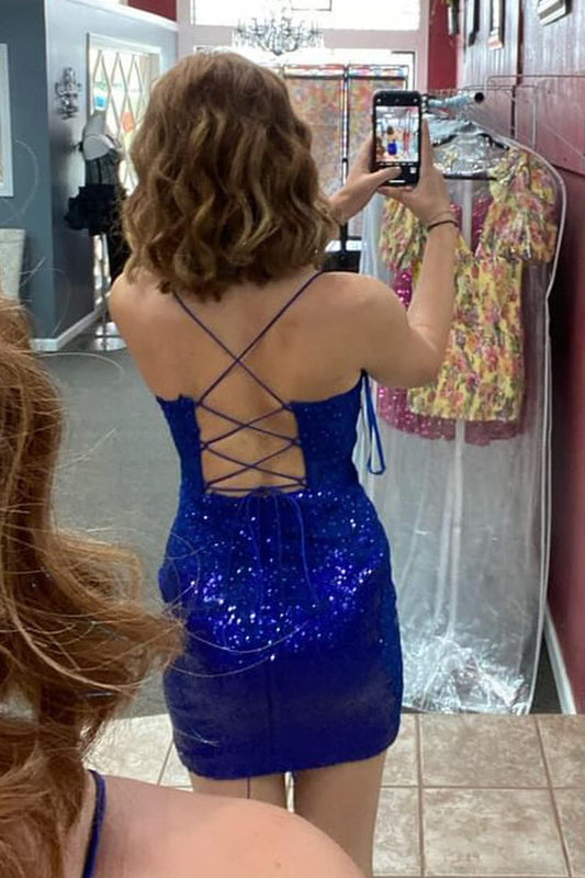 Sparkly Royal Blue Spaghetti Straps Tight Short Homecoming Dress with Sequins