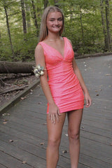 Sparkly Coral Beaded V-Neck Backless Tight Short Homecoming Dress