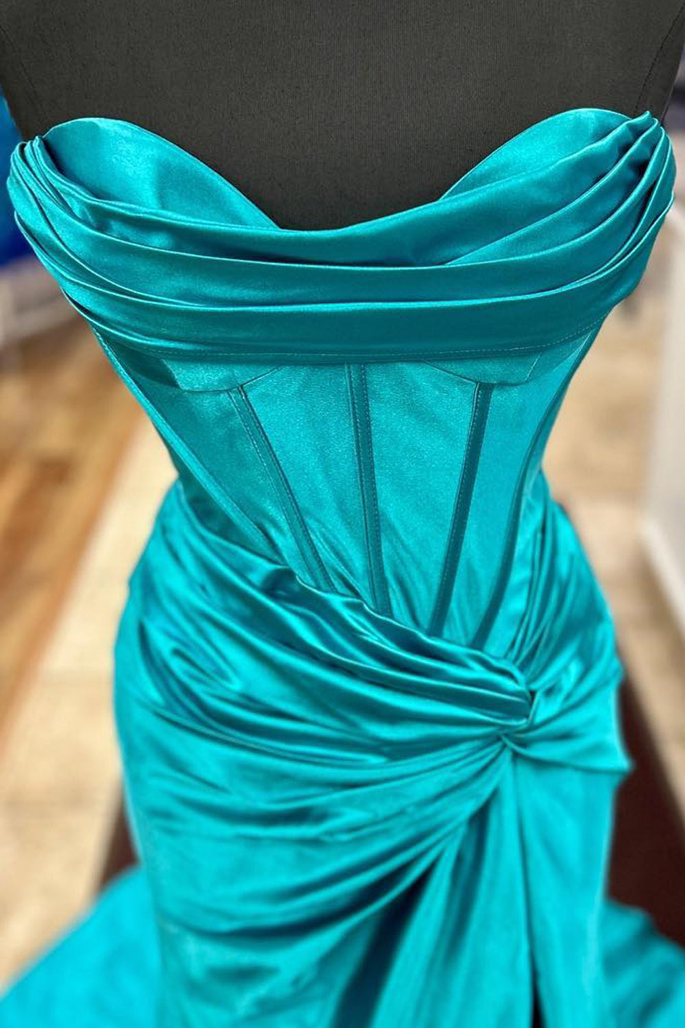 Royal Blue Corset Mermaid Draped Satin Long Prom Dress with Slit