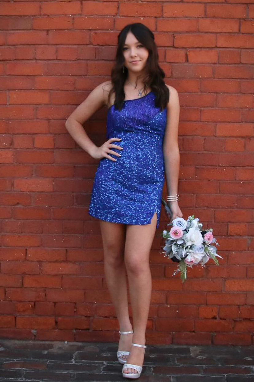 Sparkly Blue Fringed One Shoulder Tight Sequins Short Homecoming Dress