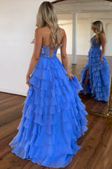 Light Blue A-Line Tiered Chiffon Long Prom Dress with Lace