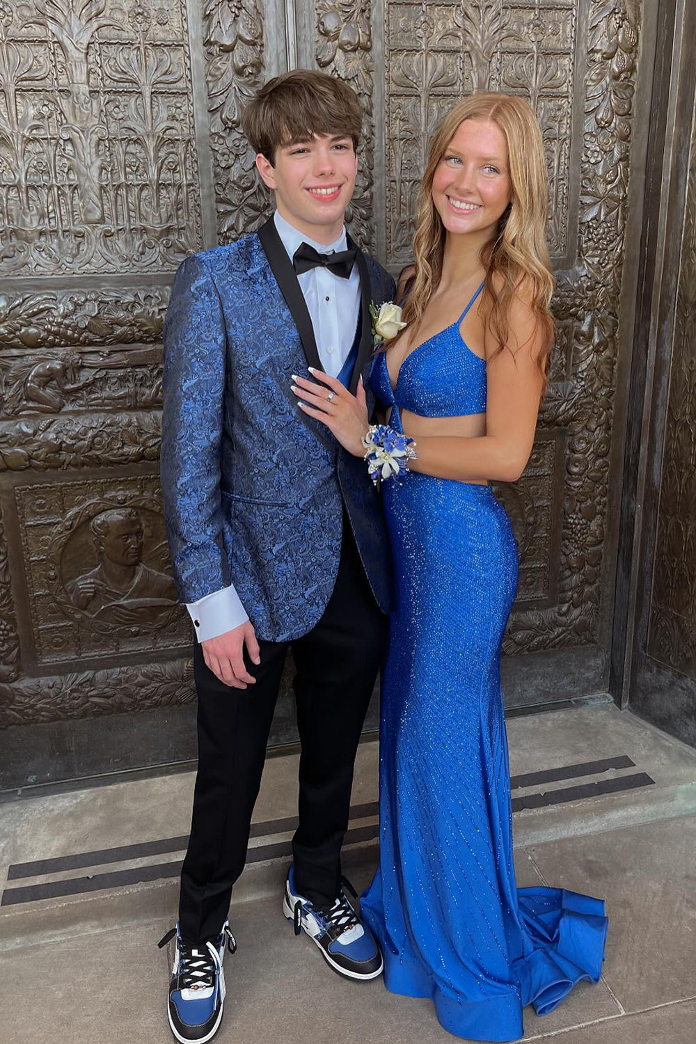 Sophisticated Shawl Lapel Blue Jacquard 2-Piece Men's Prom Suit