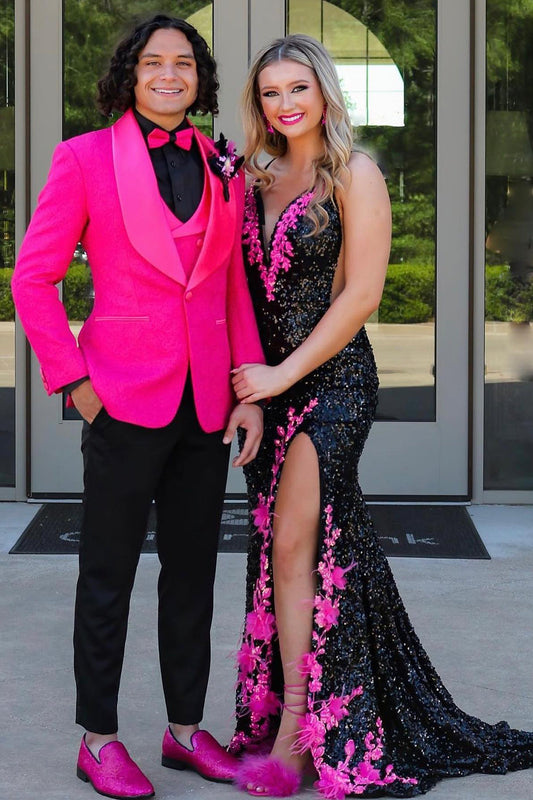 Dazzling 3-Piece Hot Pink Shawl Lapel Men's Prom Suit