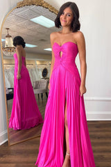 A-Line Fuchsia Sweetheart Pleated Long Prom Dress with Slit