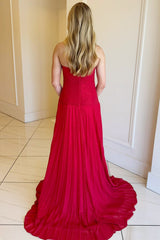 A-Line Fuchsia Sweetheart Pleated Long Prom Dress with Slit