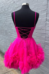 Glitter Pink Corset Tulle A-Line Tulle Short Homecoming Dress With Pocket