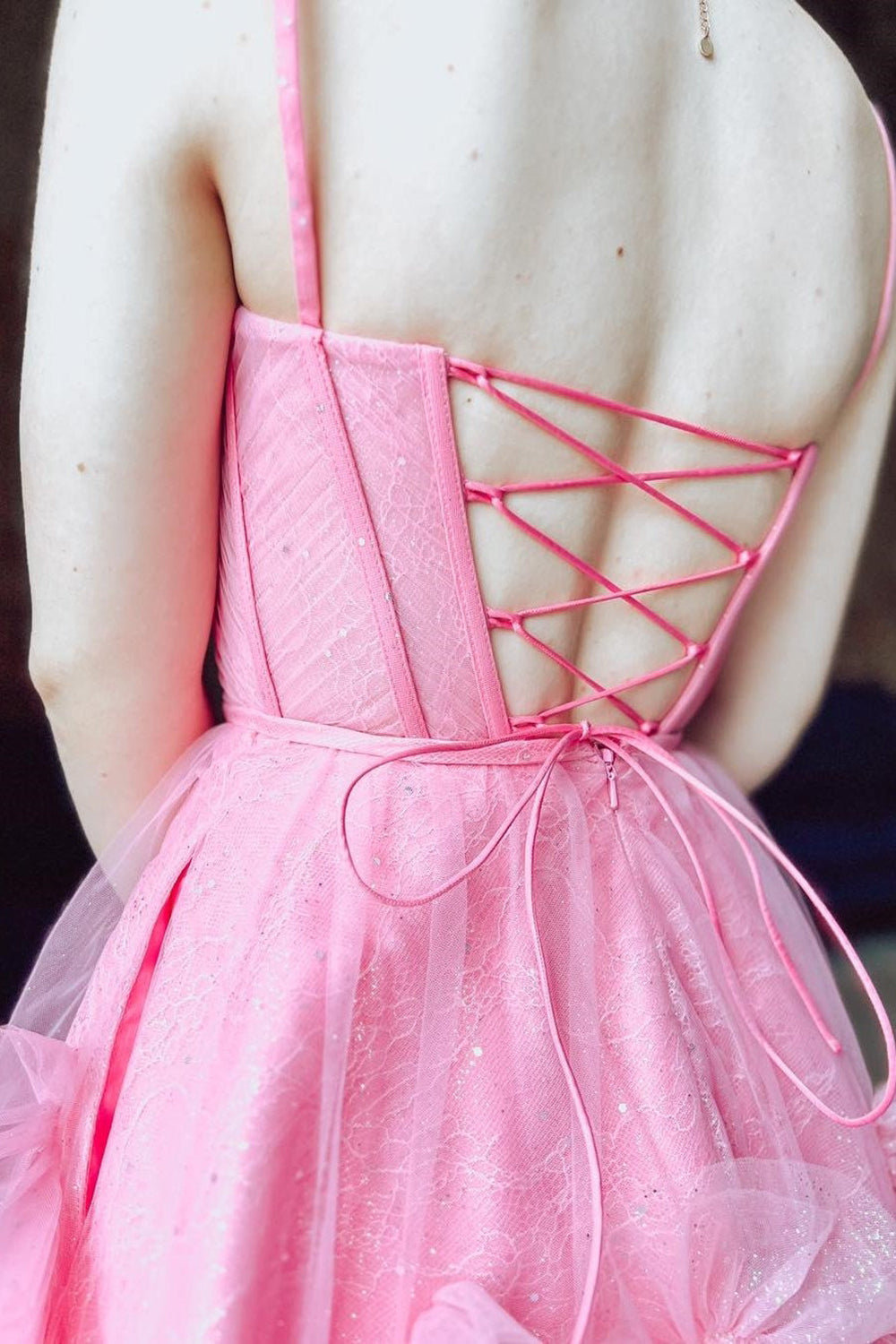 Glitter Pink Corset Tulle A-Line Tulle Short Homecoming Dress With Pocket