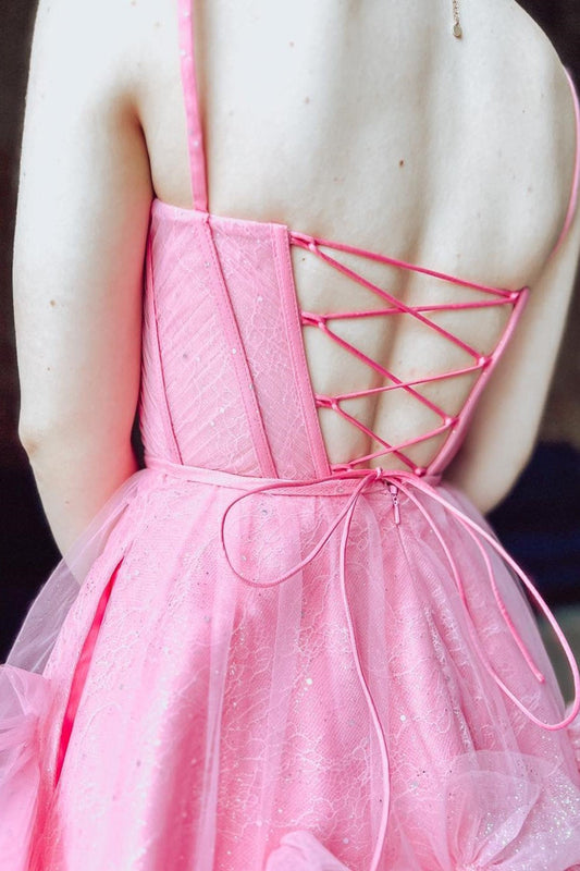 Glitter Pink Corset Tulle A-Line Tulle Short Homecoming Dress With Pocket