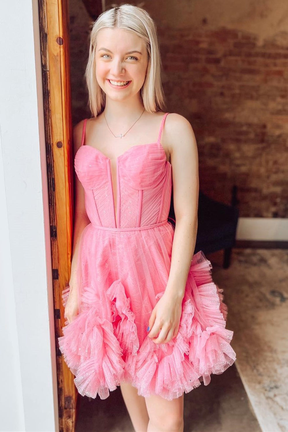 Glitter Pink Corset Tulle A-Line Tulle Short Homecoming Dress With Pocket