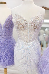 Sparkly Lilac Spaghetti Straps Corset Tight Short Homecoming Dress with Appliques