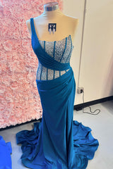 Sparkly Royal Blue Mermaid One Shoulder Long Corset Prom Dress With Slit