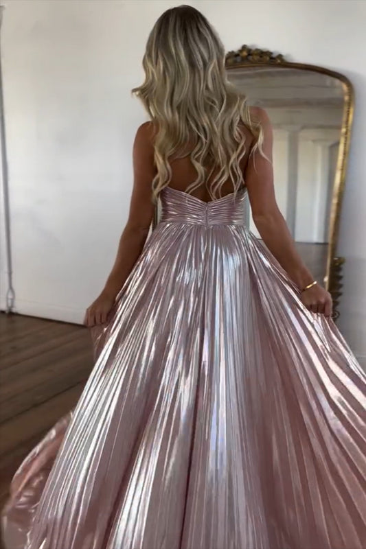 Glitter Blush Halter Cut Out Backless Metallic Long Prom Dress with Slit