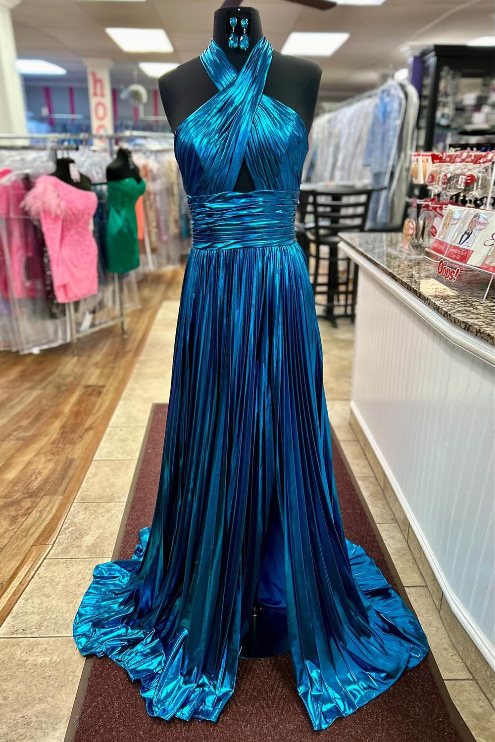 Glitter Turquoise Halter Cut Out Backless Metallic Long Prom Dress with Slit