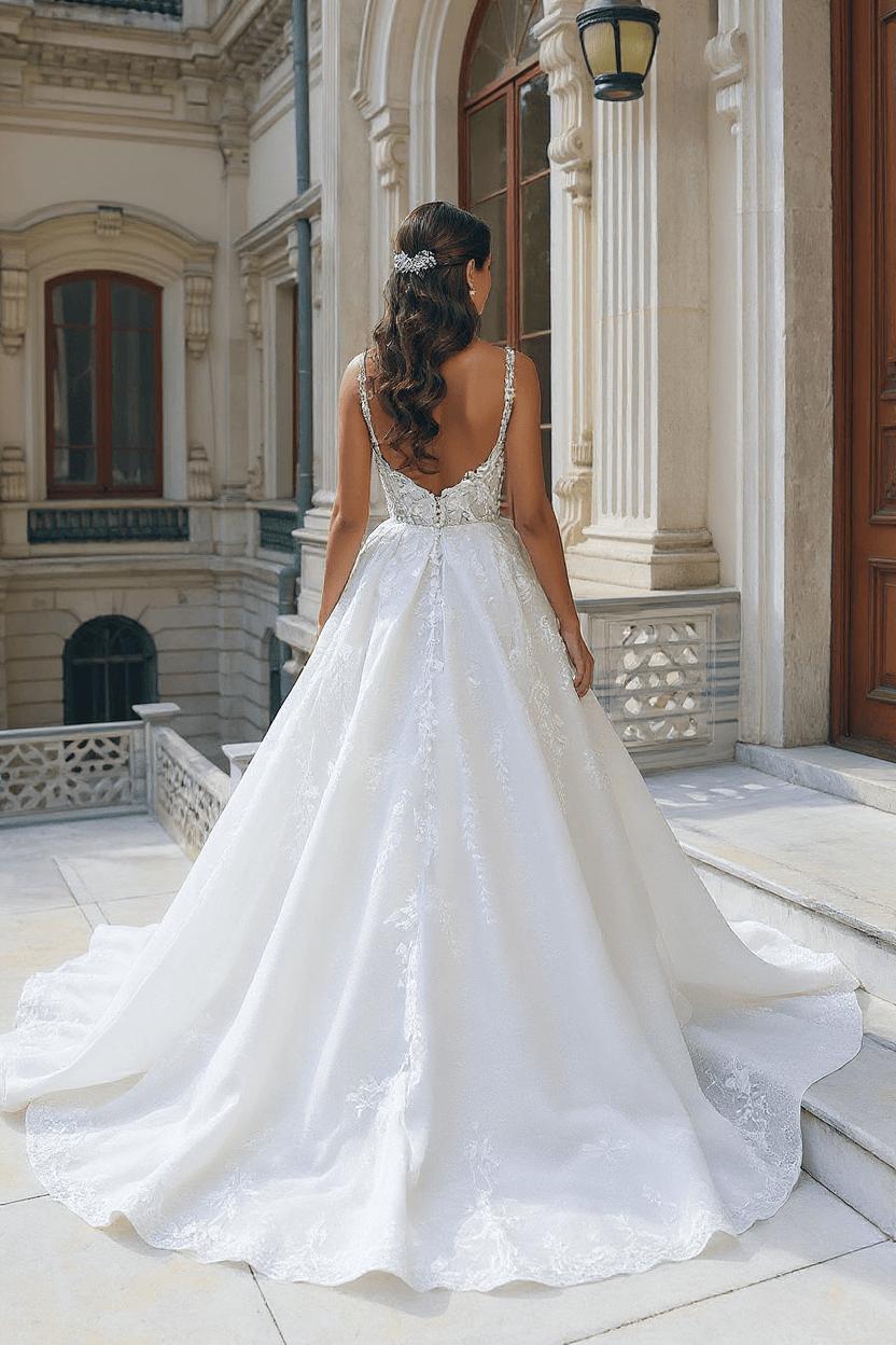 White A Line Wedding Dress Scoop Neck Corset Tulle Bridal Gown with Slit