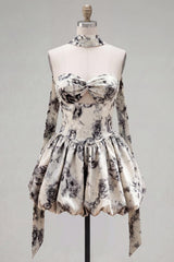 White Black Flower A Line Keyhole Strapless Short Homecoming Dress