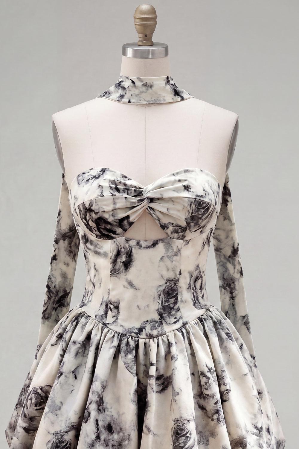 White Black Flower A Line Keyhole Strapless Short Homecoming Dress